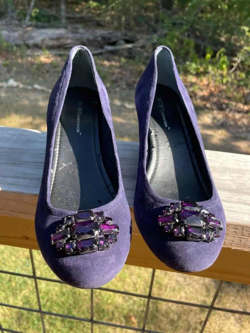 Glam Night Out BCBGeneration Blue Suede Bejeweled Wedges Size 7.5